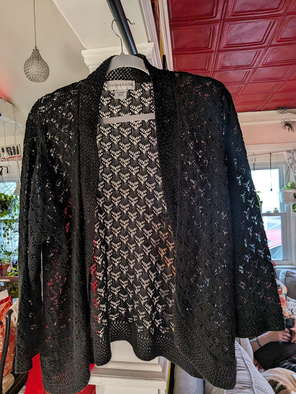 Sag Harbor Black Open-Knit Lightweight Women's Cardigan